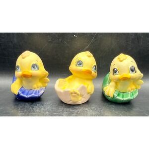 Vtg Ceramic Hatching Easter Chicks Ducks Set of 3 Spring Decor Egg Shells 2.5"